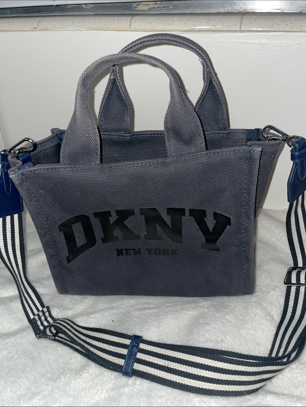 DKNY Gray Canvas Crossbody Tote with Striped Strap